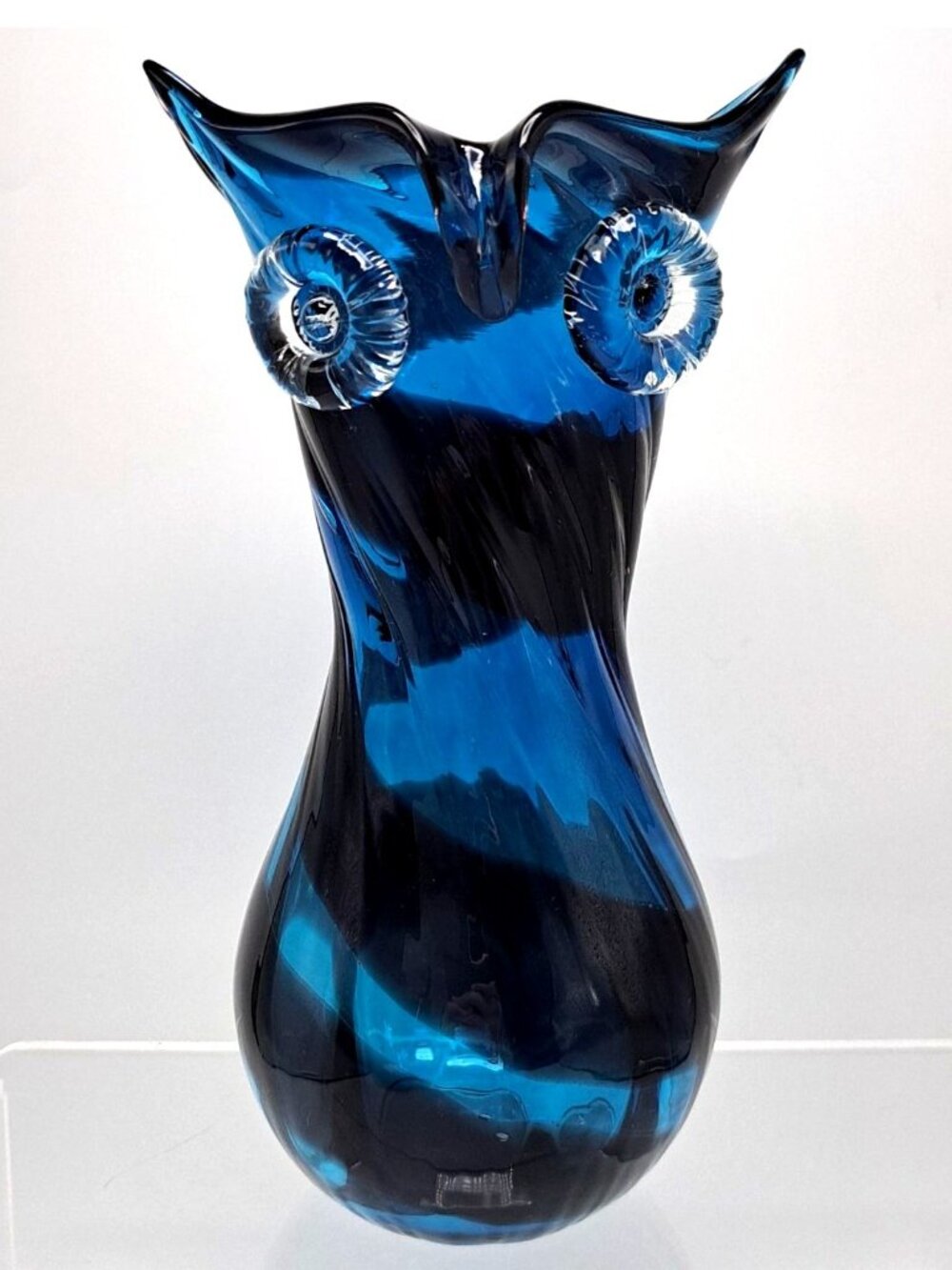 Murano Handblown Blue Black Art Glass Owl Vase Abstract Swirl Design
